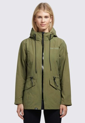 Olive green jacket with a hood, front zipper, adjustable drawstrings, and two front pockets. Smooth texture and casual fit.