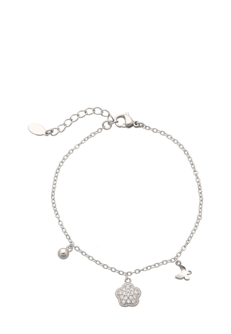 Bracciale in argento con ciondolo a forma di fiore decorato con strass, un piccolo accento a sfera e un ciondolo a forma di farfalla. Chiusura regolabile.