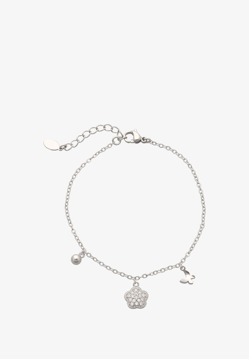 Bracciale in argento con ciondolo a forma di fiore decorato con strass, un piccolo accento a sfera e un ciondolo a forma di farfalla. Chiusura regolabile.