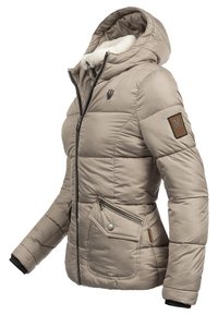 Padded beige jacket with a hood, features a zippered front, a logo on the chest, and a snap-button pocket on the side, textured fabric.