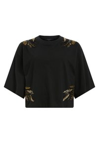 Svart bomull T-skjorte med korte ermer og cropped passform. Har intrikate bladdesign i gull og svart paljetter på skuldrene og kanten.