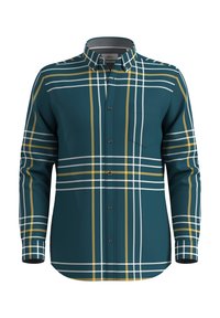 Teal overhemden met een wit, geel en zwart ruitpatroon. Lange mouwen, borstzak en afgeronde zoom.