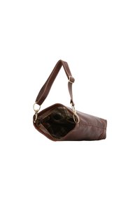 Bruine leren schoudertas met een ritssluiting, verstelbare schouderband en een geraffineerde voering in ruitpatroon. Voorzien van gouden hardware en gedetailleerde stiksels.