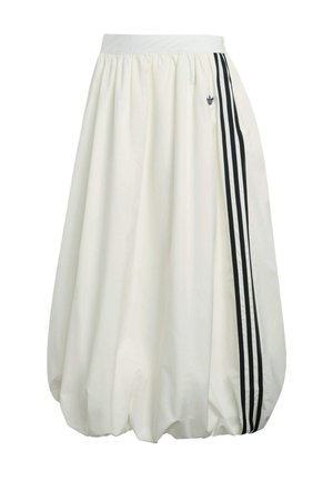 Biała spódnica na gumce o obszernej formie, z czarnymi paskami po bokach i małym logo z przodu.