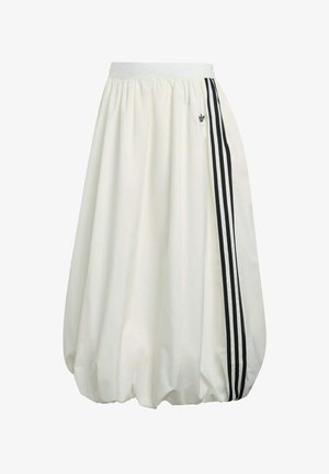Biała spódnica na gumce o obszernej formie, z czarnymi paskami po bokach i małym logo z przodu.