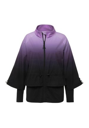 Jas met een paarse naar zwarte vervaging, hoge kraag, ritssluiting aan de voorkant, en verstelbare trekkoorden in de taille en mouwen. Heeft een relaxte pasvorm.