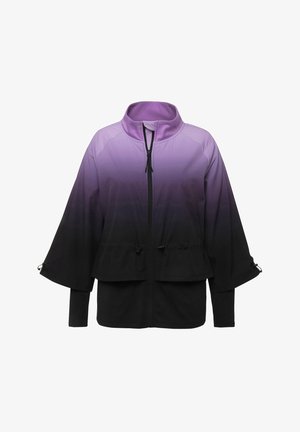 Veste dégradé violet à noir avec un col montant, fermeture éclair à l'avant, et cordons de serrage ajustables à la taille et aux manches. Elle présente une coupe décontractée.