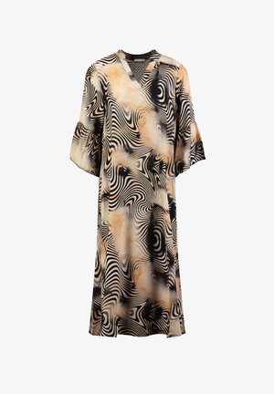 Geprinte jurk van lichtgewicht stof met een zwierig zwart, beige en bruin patroon; V-hals en uitlopende mouwen; knie-lange stijl.