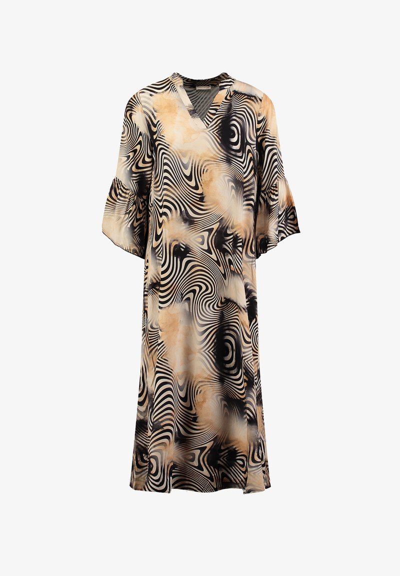 Geprinte jurk van lichtgewicht stof met een zwierig zwart, beige en bruin patroon; V-hals en uitlopende mouwen; knie-lange stijl.