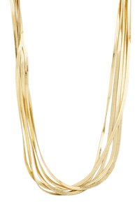 Guldtonad flerpärlig halsband med släta metallkedjor i olika längder och tjocklekar, vilket skapar ett lager-på-lager, texturerat utseende.