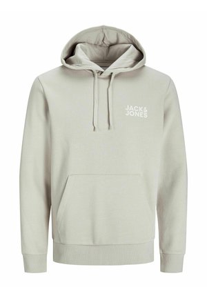 Light beige hoodie with a drawstring hood, front pocket, and ribbed cuffs. Features white "JACK & JONES" logo on the upper left. Soft fabric.