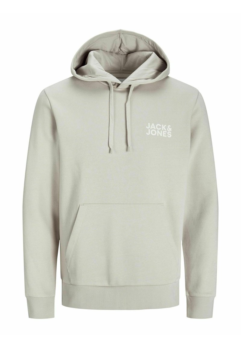 Light beige hoodie with a drawstring hood, front pocket, and ribbed cuffs. Features white "JACK & JONES" logo on the upper left. Soft fabric.