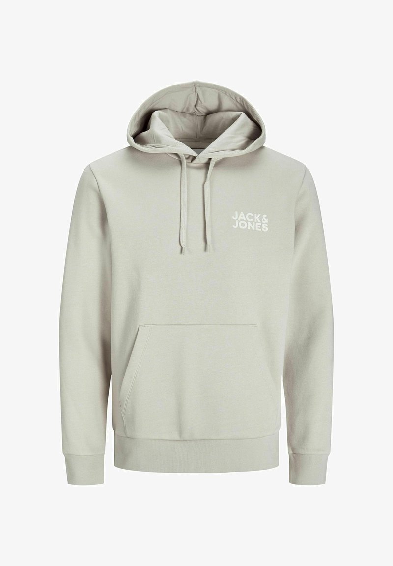 Heledbeez kapuutsiga dressipluus, millel on tõmbluku kapuuts, esikott ja soonikvarrukad. Ülemisel vasakul on valge "JACK & JONES" logo. Pehme kangas.