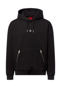 Felpa nera con cappuccio realizzata in morbido tessuto misto cotone. Presenta tasche frontali con zip, cordini e una piccola etichetta con logo sul petto.