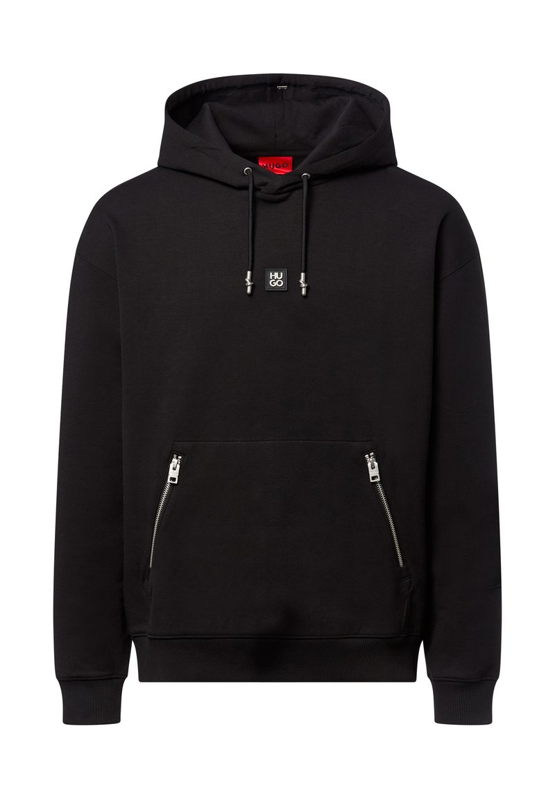 Felpa nera con cappuccio realizzata in morbido tessuto misto cotone. Presenta tasche frontali con zip, cordini e una piccola etichetta con logo sul petto.