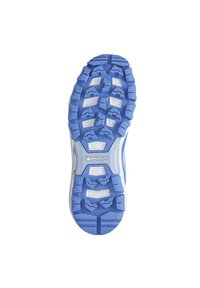 Semelle de chaussure de sport bleu clair avec un caoutchouc texturé, comportant des crampons de traction proéminents et un logo Michelin blanc au centre.