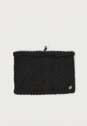 Black knitted neck warmer with a textured pattern, featuring a snug fit and a small metallic logo accent on the side.