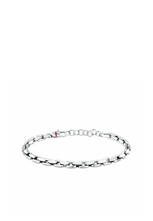 Braccialetto a catena in argento con segmenti metallici rettangolari e ovali collegati e chiusura a moschettone con catenina di prolunga.