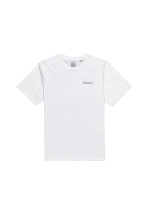 White cotton t-shirt with short sleeves, crew neckline, features small brown "Element" logo on the left chest area. Smooth, lightweight texture.