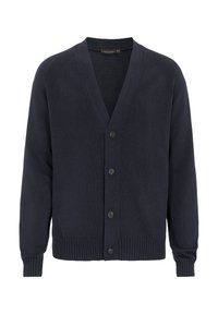 Marinblå cardigan i stickad kvalitet, med V-ringning, ribbad fåll, sex knappar och raglanärmar. Ingen mönstring eller dekoration.