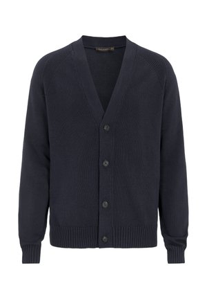 Marineblauwe cardigan van breiwerk, met een V-hals, geribbeld zoom, zes knopen en raglanmouwen. Geen patronen of accenten.