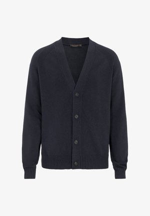 Marineblauwe cardigan van breiwerk, met een V-hals, geribbeld zoom, zes knopen en raglanmouwen. Geen patronen of accenten.
