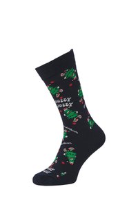 Chaussettes montantes bleu marine avec des motifs de sapins de Noël, ornées d'accents rouges et verts, texte disant "Holly Jolly", et un poignet côtelé.