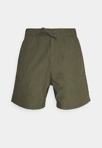 Shorts de bain pour hommes en vert olive avec taille élastique et cordon de serrage à l'avant, dotés d'une longueur mi-cuisse et d'un design simple.