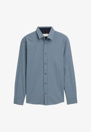 Chemise boutonnée à carreaux bleu et blanc, manches longues, col écarté, boutons à l'avant et tissu en mélange de coton doux.