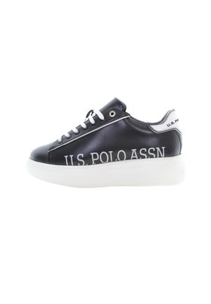 Black synthetic sneakers with a smooth finish, white accents, laces, and "U.S. POLO ASSN" logo on the side and heel. Thick white sole.