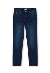 Jeans de mezclilla azul oscuro con corte recto, diseño de cinco bolsillos, desvanecimiento sutil y detalles en costura dorada. Cuenta con cierre estándar de botón y cremallera.