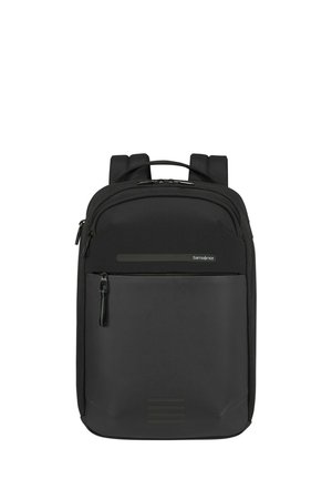 Zaino Samsonite nero con spallacci imbottiti, manico superiore, tasca anteriore con zip e pannello frontale a trama liscia.