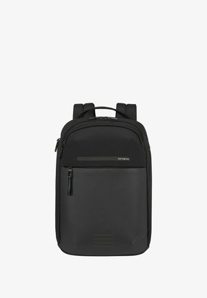 Zaino Samsonite nero con spallacci imbottiti, manico superiore, tasca anteriore con zip e pannello frontale a trama liscia.