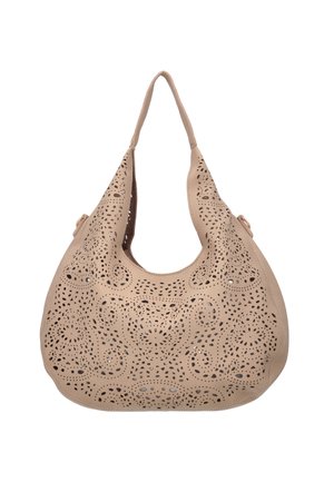 Beige leren schoudertas met ingewikkelde laser-gesneden bloemen- en krulpatronen en een enkele brede band.