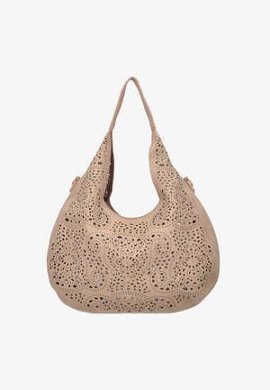 Beige leren schoudertas met ingewikkelde laser-gesneden bloemen- en krulpatronen en een enkele brede band.