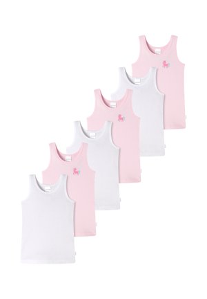 Set van zeven tanktops in roze en wit. Kenmerken zijn onder andere effen kleuren en één met een eenhoorn grafiek. De stof lijkt zacht en ademend.