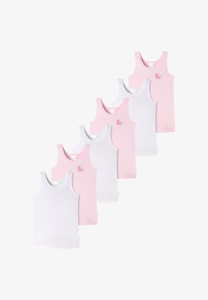 Zestaw siedmiu topów na ramiączkach w kolorze różowym i białym. Charakteryzują się jednolitymi kolorami oraz jednym z grafiką jednorożca. Materiał wydaje się być miękki i przewiewny.