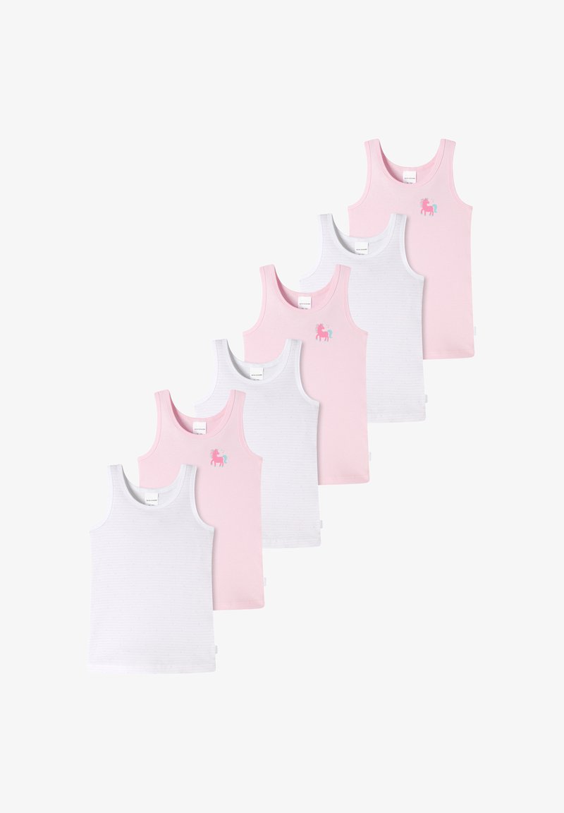 Set di sette canottiere in rosa e bianco. Caratteristiche includono colori solidi e una con una grafica di un unicorno. Il tessuto sembra morbido e traspirante.