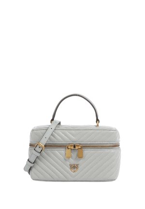 Borsa rettangolare trapuntata grigio chiaro con doppia cerniera dorata, manico superiore, tracolla regolabile e piccolo emblema dorato a forma di uccello sulla parte anteriore.