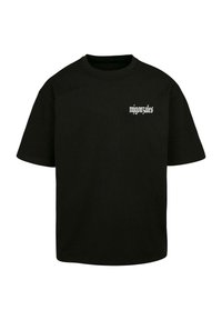 Black cotton t-shirt with short sleeves, a classic crew neck, and white graphic text on the left chest. Relaxed fit with a smooth texture.