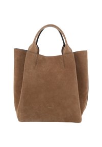 Borsa tote in suede marrone con manici in pelle liscia, design semplice e piccolo logo metallico centrato vicino alla parte inferiore anteriore.