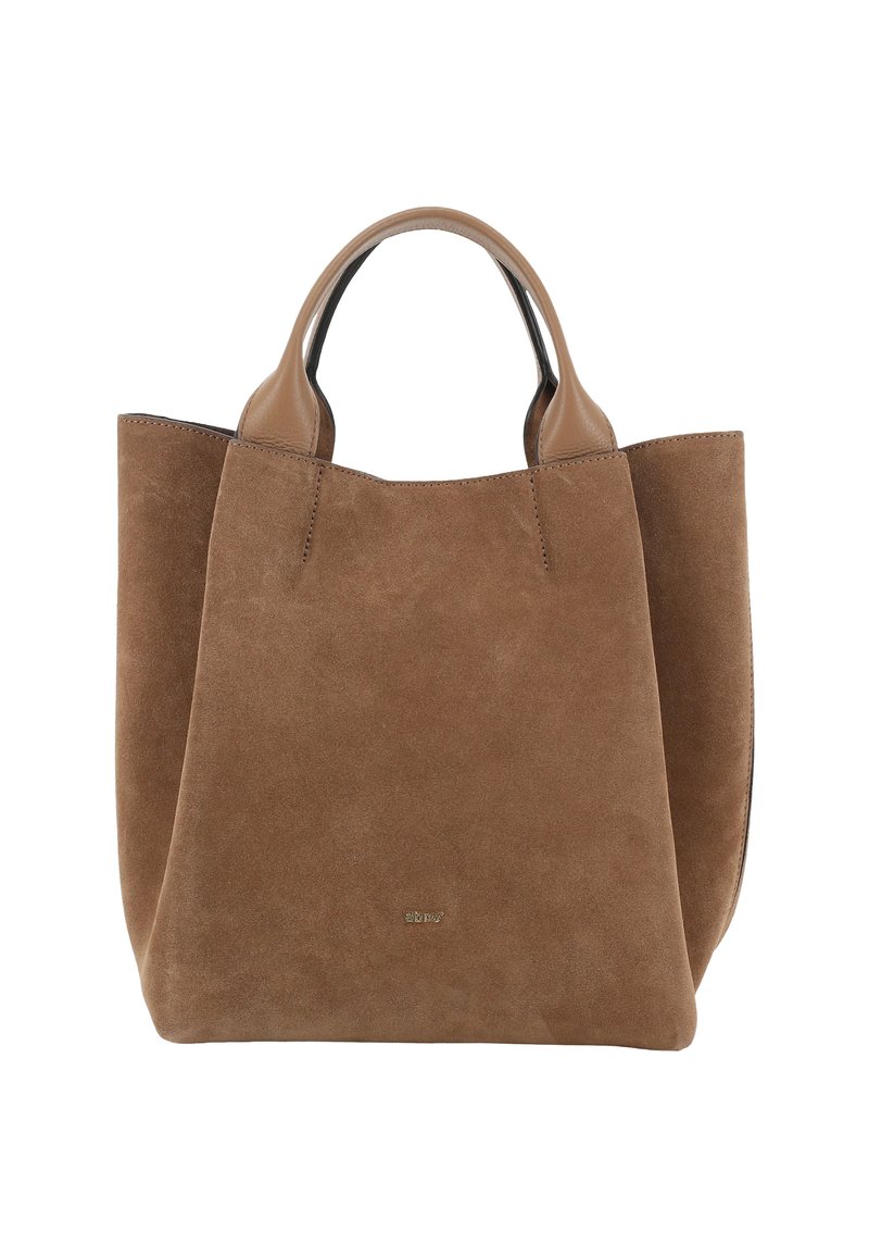 Borsa tote in suede marrone con manici in pelle liscia, design semplice e piccolo logo metallico centrato vicino alla parte inferiore anteriore.