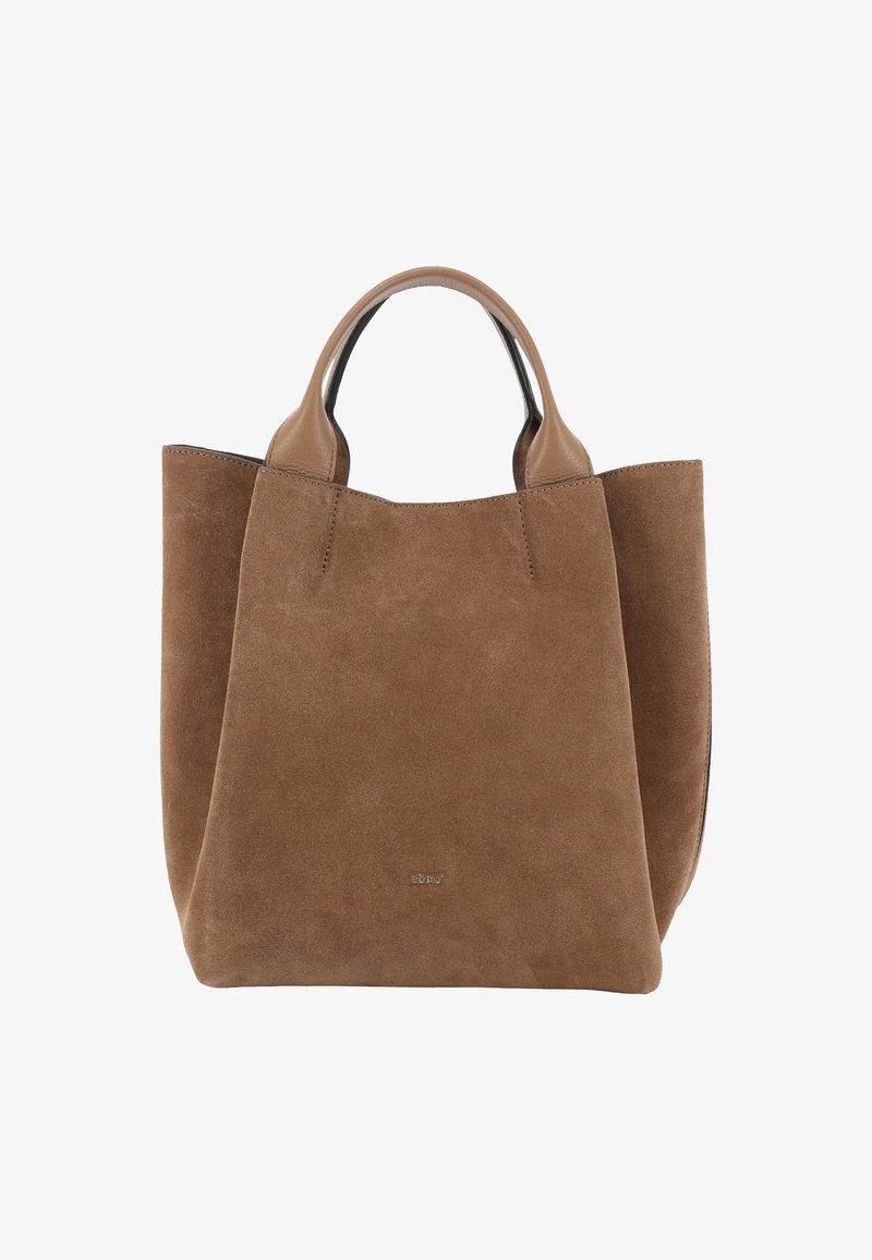 Borsa tote in suede marrone con manici in pelle liscia, design semplice e piccolo logo metallico centrato vicino alla parte inferiore anteriore.