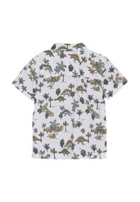 Korte mouwen shirt met een witte achtergrond waarop een kleurrijk patroon van dinosaurussen en palmbomen staat. Gemaakt van lichte stof met een comfortabele pasvorm.