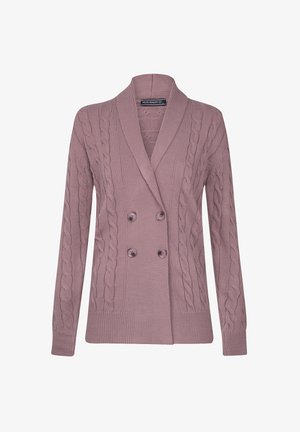 Doppelreihige Strickjacke in sanftem Mauve mit Kabelstrickdesign. Mit großen Knöpfen, Schalkragen und gerippter Säume.