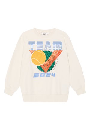 Weißer Pullover mit grafischem Design, das einen gelben Tennisball, einen grünen Kreis, orangefarbene Streifen und den Text "TEAM 2024" in blauen Buchstaben zeigt.