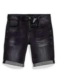Black denim shorts with a faded finish, five-pocket design, rolled cuffs, and a zip fly with a button closure.