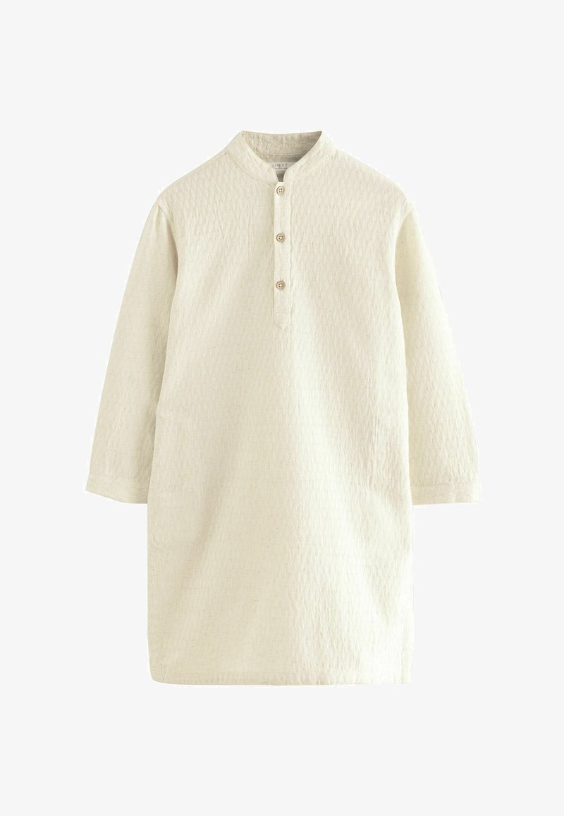 Long cream-colored textured shirt with three buttons and a short stand-up collar, featuring long sleeves and a straight hem.