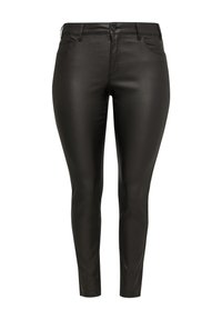 Zwarte faux leren skinny broek met een gladde textuur, vijf zakken en een sluiting met een knoop aan de voorkant. Slim fit met een enkel lengte ontwerp.
