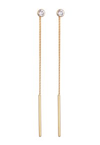 Guld hængeøreringe med klare ædelsten øverst, en snoet kæde der fører til en slank, lige stang nederst.